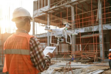 Engineer operates drone for construction progress check