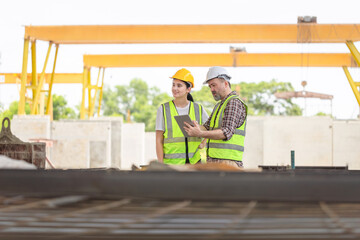 Engineer and foreman worker checking project at building site, Engineer and builders in hardhats discussing on construction site, Teamwork concepts