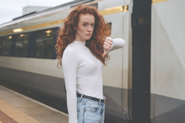 Young Woman With Red Hair Gives Thumbs Down at Train Station