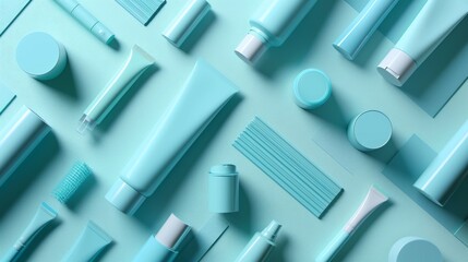 An array of turquoise skincare and cosmetic packaging neatly arranged on a matching colored background