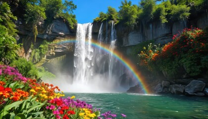 Naklejka premium Rainbow over Waterfall with Flowers.