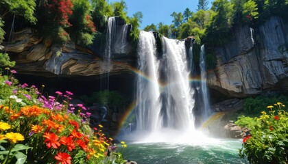Naklejka premium Majestic Waterfall with Rainbow and Flowers.