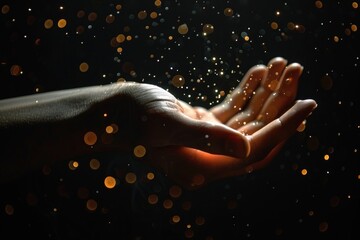 Male hand reaching out to glowing light specks black background. ai generative