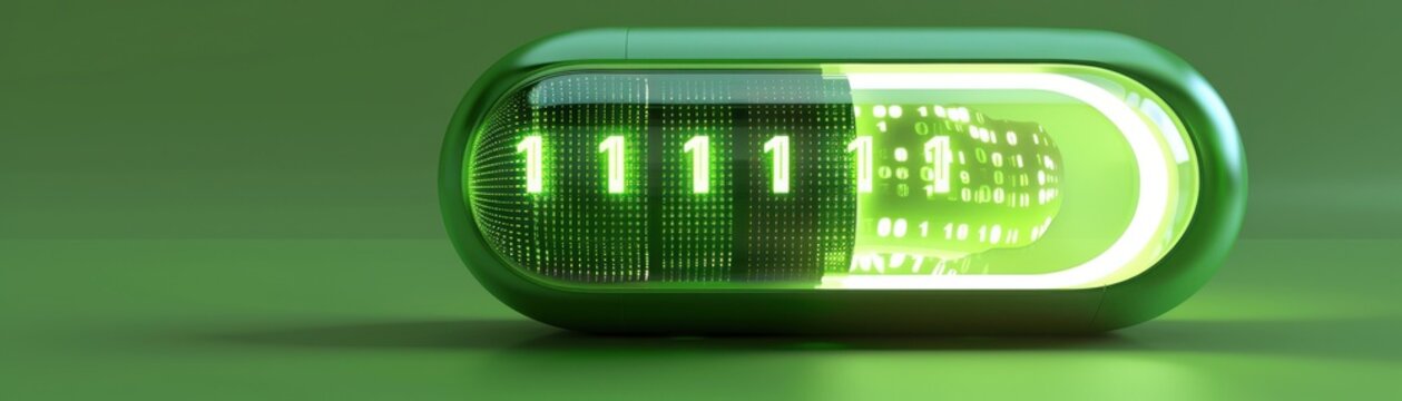 Premium green energy technology with innovative designs, digital binary as object, vivid color scheme, side view, showcasing ecofriendly advancements