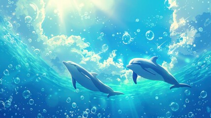 Naklejka premium Dolphins swimming in the deep blue sea, surrounded by bubbles and sunlight shining through the water