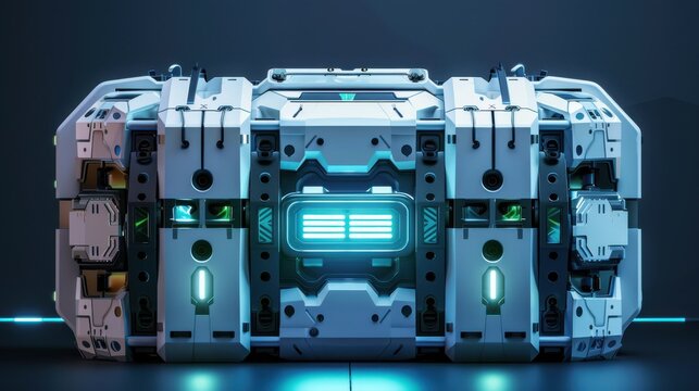 Backup energy storage with smart technology, robotic tone, complementary color scheme, front view, promoting energy reliability