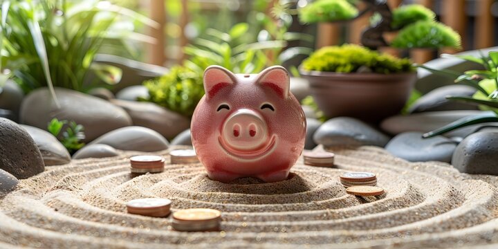 Tranquil Zen Garden with Piggy Bank and Spiraling Gold Coins Promoting Financial Security and Harmony