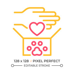 Help animal two color line icon. Box with paw print and helping hand bicolor outline symbol. Rescue animals. Community service. Duotone linear pictogram. Isolated illustration. Editable stroke