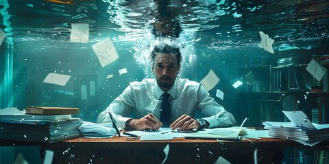 Businessman Underwater at Standing Desk Amid Floating Office Supplies Visualizing Stress and Immersion in Digital Chaos