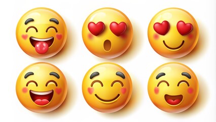 Fototapeta premium Vibrant yellow emoticon set featuring cute smile, tongue, kiss, heart, and tear facial expressions on a clean white background.