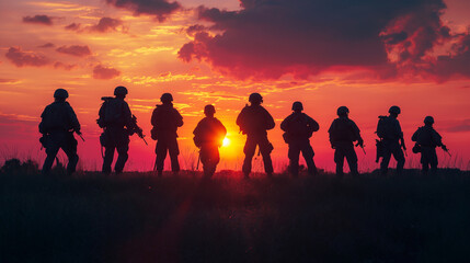 Fototapeta premium Silhouettes of military soldiers against a sunset background