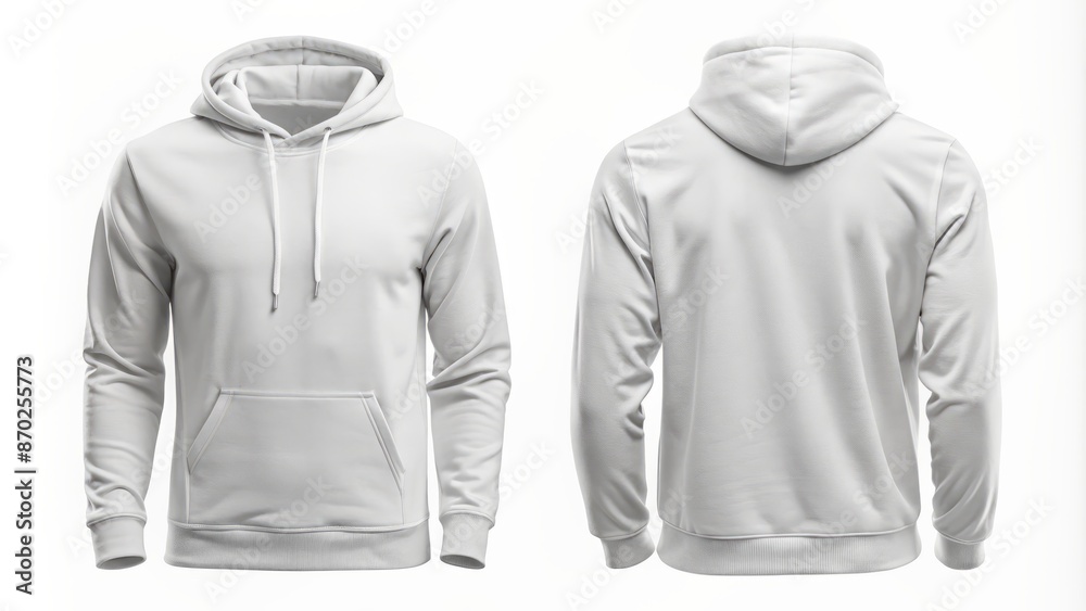 Wall mural Blank White Hoodie Sweatshirt Mockup, Front And Back View, 3D Rendering, Isolated On White Background. - Wall murals