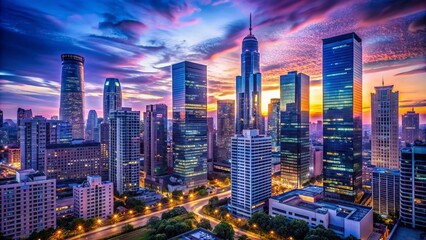 Obraz premium A sleek, modern, urban cityscape at dusk with a subtle gradient of blue and purple tones, reflecting masculine sophistication.