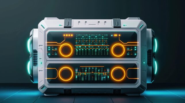 Backup energy storage with smart technology, robotic tone, complementary color scheme, front view, promoting energy reliability