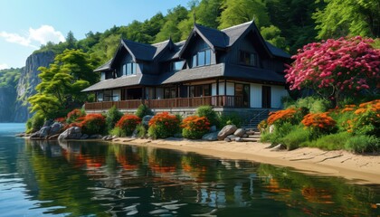 Obraz premium Lakeside Cabin With A View.