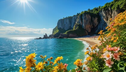 Idyllic Beach Scene with Cliffs and Flowers