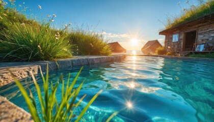 Sunset Pool with Grass Roofed Cabins.