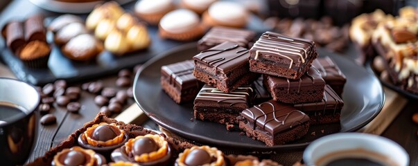 Sophisticated dessert tray featuring an assortment of dark chocolate treats