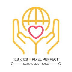 Charitable organization two color line icon. Globe and heart bicolor outline symbol. International support. Humanitarian aid worldwide. Duotone linear pictogram. Isolated illustration. Editable stroke