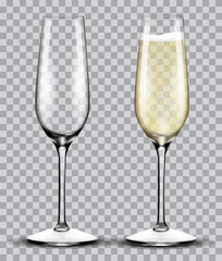 full and empty glass of champagne isolated on a transparent background