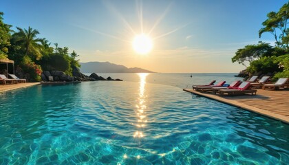 Infinity Pool Overlooking The Ocean at Sunset.