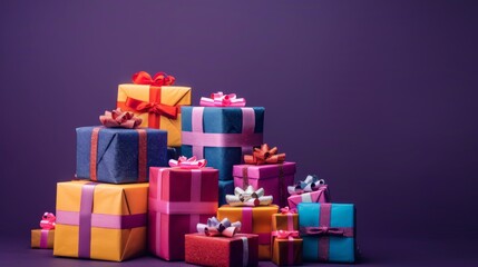 Obraz premium A pile of vivid Christmas gift boxes on purple background