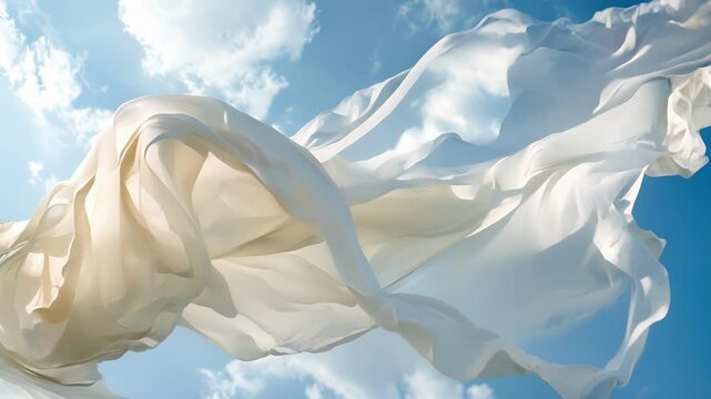 A soft white prayer shawl like a cloud floats through the air a symbol of hope and comfort to those who see it.