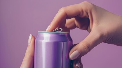 A woman with violet nail polish is using her thumb and finger to open a magenta soda can on a purple background, releasing gas from the cylinder of the can