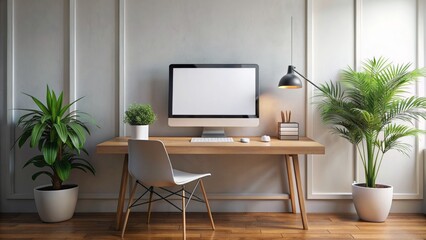 A 3D Rendering Of A Minimal Home Office With A Large Imac, A Desk, A Chair, And Plants.