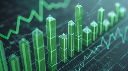 Positive investment returns with green upward graphs, advanced tone, monochromatic color scheme, top view, highlighting financial growth