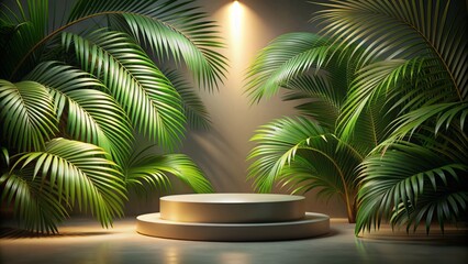 Obraz premium 3D Rendering Of A Podium With Palm Trees In The Background.