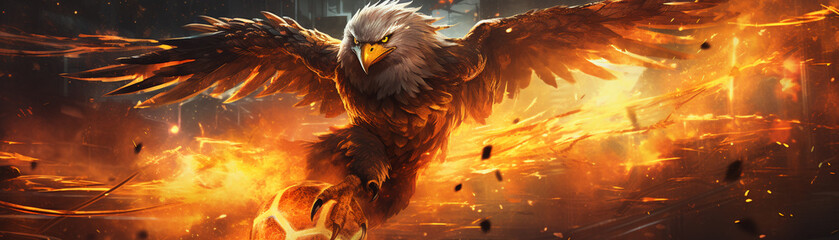 Phoenix clutching a football in its talons, surrounded by a burst of flames and sparks, Mythological, Warm Tones, Digital Illustration