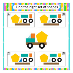 Puzzle for kids. Find the correct set of cartoon truck. Answer is B.