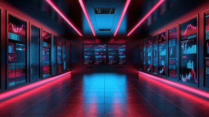 Futuristic Stock Market Trading Floor with Holographic Data Visuals and Neon Glow