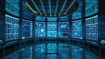 Futuristic Financial Analysis in Holographic Office - Visualizing Digital Data Trends in Modern Finance Space