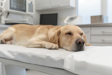A dog is laying on a table in a hospital room