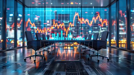 Futuristic Digital Financial Advisor in Modern Office with Virtual Holograms and Advanced Finance Display