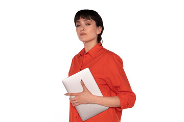 Woman in Red Shirt Holding Laptop Against White Background