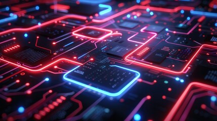 Illuminated Blockchain Connections: Neon Circuit Patterns on Dark Background