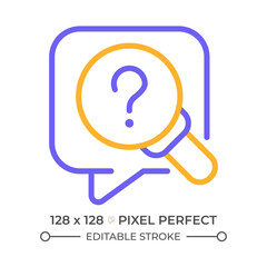 Research question two color line icon. Speech bubble and question mark bicolor outline symbol. Magnifier symbolizes investigation. Duotone linear pictogram. Isolated illustration. Editable stroke