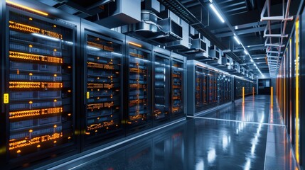 Fototapeta premium Advanced lithiumion battery arrays in a modern facility, futuristic tone, vivid color scheme, side view, showcasing highcapacity energy storage