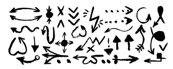 Hand drawn charcoal arrows set isolated on white background. Doodle vector ink illustration. Black arrows pointing in different directions. Grunge brush strokes.