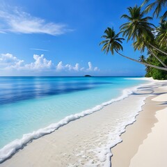 Fototapeta premium A tropical beach scene with three palm trees leaning towards the turquoise water, white sand, and a bright blue sky.