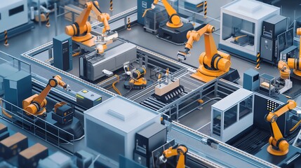 Innovative Factory Floor with Robotic Assembly Arms, IoT Devices, Autonomous Vehicles, and AR Glasses for Real Time Production Monitoring and Data Collection