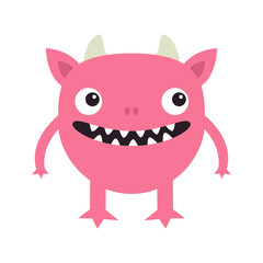Cute pink monster standing. Happy Halloween. Monsters silhouette icon. Eyes, smiling face, horns hands. Cartoon kawaii funny character. Childish style. Flat design. Isolated. White background. Vector