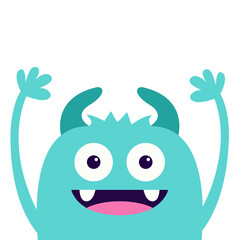 Monster face head blue silhouette. Eyes, teeth fang, horns, hands up. Happy Halloween. Cute cartoon kawaii funny character. Baby kids collection. Flat design. White background. Isolated. Vector
