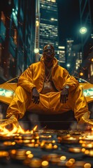 Stylish Man / Raper in Yellow Outfit Posing on Sports Car in Urban Night Scene
