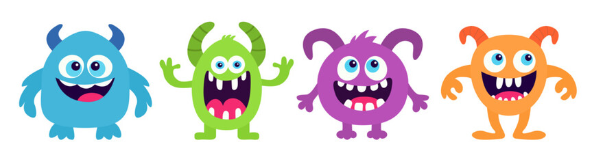 Four cute monster icon set line. Cartoon kawaii funny baby character. Eyes, horns, fang teeth. Happy Halloween. Childish style. Colorful silhouette. Sticker print. Flat design. White background Vector