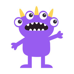 Cute violet yellow monster standing. Happy Halloween. Monsters silhouette icon. Four eyes, surprised face. Cartoon kawaii funny character. Childish style. Flat design Isolated. White background Vector