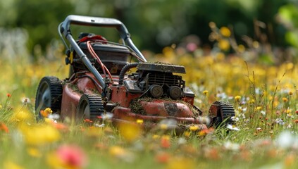 Old Rusty Lawnmower in Overgrown Wildflower Garden
